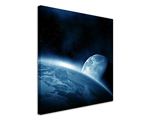 60x60cm Wandbild Fotoleinwand Bild in Blau Weltall Erde Mond Sonnenaufgang