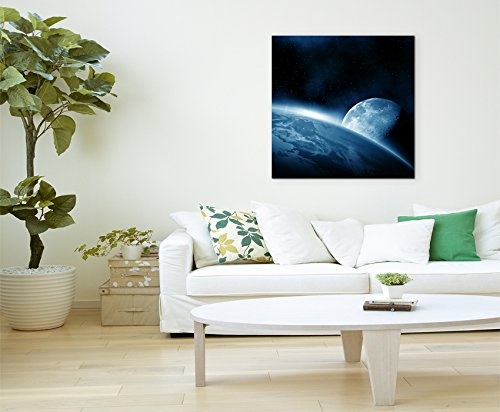 60x60cm Wandbild Fotoleinwand Bild in Blau Weltall Erde Mond Sonnenaufgang