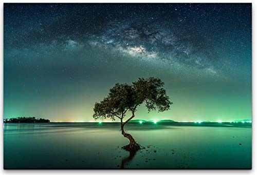 bestforhome 150x100cm Leinwandbild einzelner Baum bei Nacht unter der Milchstraße Leinwand auf Holzrahmen