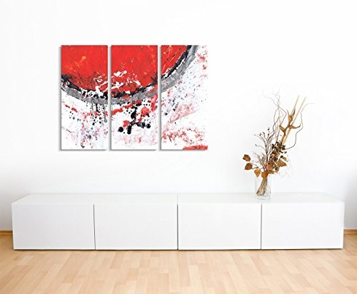 130x90 cm 3 teiliges Leinwandbild Fotoleinwand rot grau weiß schwarz Halbkreis Punkte Abstrakte Kunst
