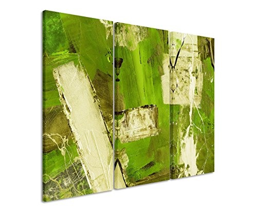 130x90 cm 3-teiliges Abstraktes Leinwandbild Fotoleinwand grün beige braun Balken! bestforhome der Partner für schöne Kunst!