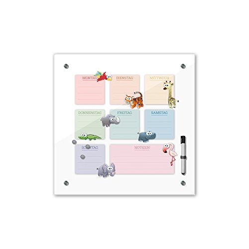 Memoboard 40 x 40 cm, Wochenplaner für Kinder - Tiere - Pinnwand - Mädchen & Jungen, Dekoration, Kinderzimmer, Cartoon, Kinderbild, Kindermotiv, Tierbild - Glasbild