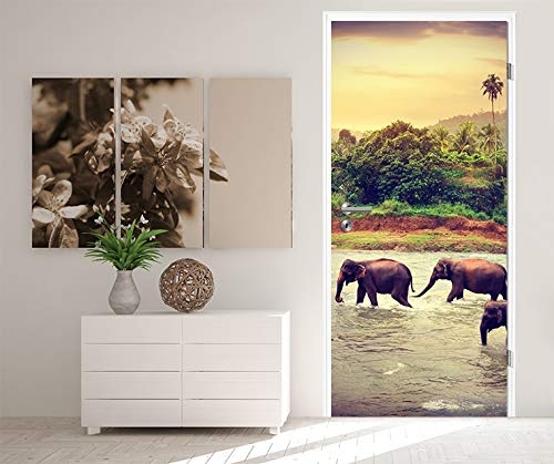 Türtapete selbstklebend Elefanten im Fluss Vintage 90 x 200 cm - einteilig Türaufkleber Türfolie Türposter - Elefant Sri Lanka Tropisch Nationalpark Herde Elephant Landschaft