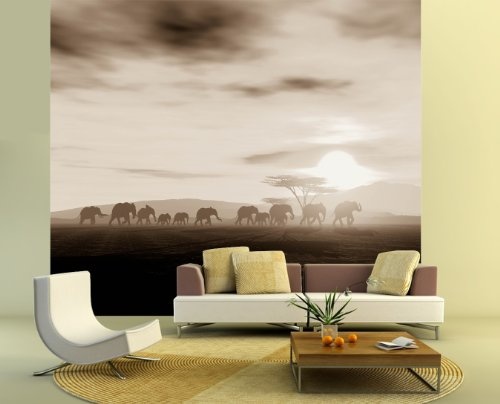 Bilderdepot24 Fototapete selbstklebend Sonnenuntergang mit Elefanten - sephia 265x200 cm - Designtapete Wallpaper Print - Sonnenuntergang Dämmerung Afrika