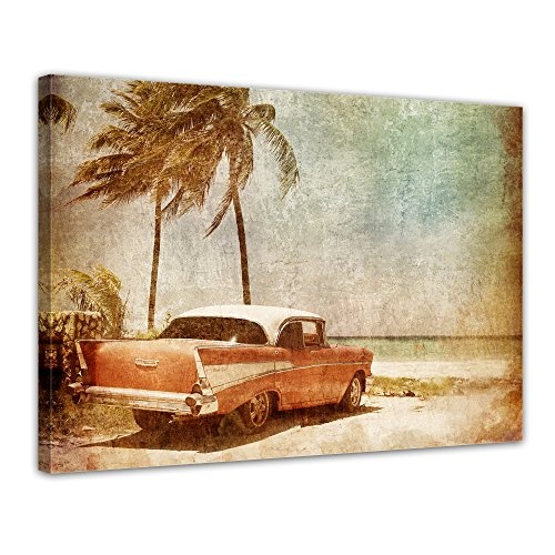 Wandbild - Resort II - Cuba Oldtimer - Bild auf Leinwand - 50x40 cm - Leinwandbilder - Urban & Graphic - Urlaub, Sonne & Meer - Oldtimer unter Palmen - Grunge