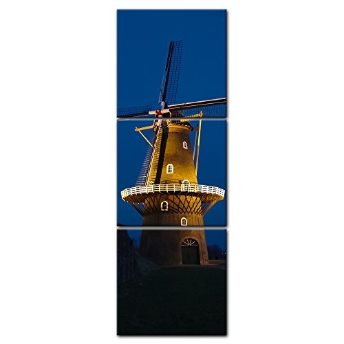 Wandbild - Windmühle am Abend - Bild auf Leinwand - 30x90 cm 3tlg - Leinwandbilder - Landschaften - Holland - Gallerieholländer - beleuchtet