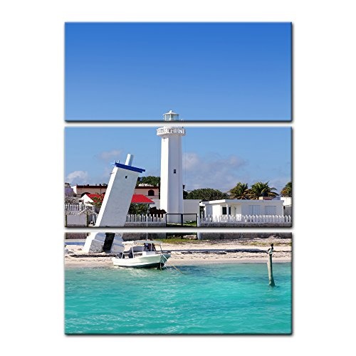 Wandbild - Puerto Morelos Mexico Leuchtturm - Bild auf Leinwand - 80x120 cm 3tlg - Leinwandbilder - Urlaub, Sonne & Meer - Yucatán - Hafen - Schiefer Turm