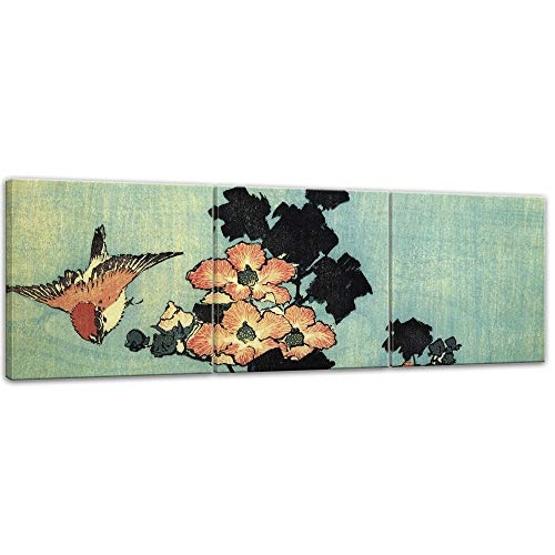 Wandbild Katsushika Hokusai Hibiskus und Spatz - 90x30cm Panorama mehrteilig quer - Alte Meister Berühmte Gemälde Leinwandbild Kunstdruck Bild auf Leinwand