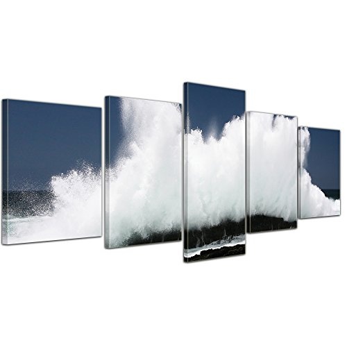 Wandbild - Welle - Bild auf Leinwand - 200x80 cm 5 teilig - Leinwandbilder - Landschaften - Meer - Brandung - Felsenküste - Gischt