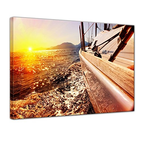 Keilrahmenbild Yacht auf See III - 120x90 cm Bilder als Leinwanddruck Fotoleinwand Urlaub, Sonne & Meer auf dem Wasser - Segler im Sonnenuntergang
