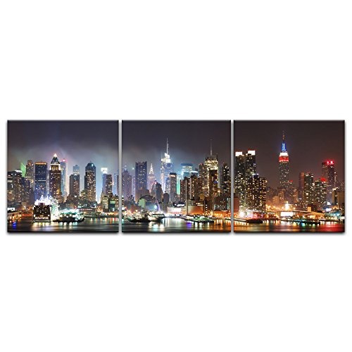Wandbild - New York IV - Bild auf Leinwand - 120 x 40 cm 3tlg - Leinwandbilder - Bilder als Leinwanddruck - Städte & Kulturen - Amerika - Stadtansicht am Abend - USA