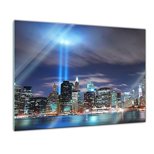Glasbild - New York City Manhattan at Night - USA - 80x60 cm - Deko Glas - Wandbild aus Glas - Bild auf Glas - Moderne Glasbilder - Glasfoto - Echtglas - kein Acryl - Handmade