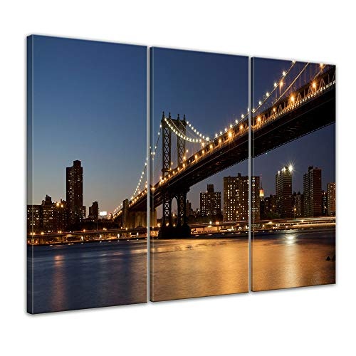 Wandbild - New York Bridge - Bild auf Leinwand - 90 x 60 cm 3tlg - Leinwandbilder - Bilder als Leinwanddruck - Städte & Kulturen - Amerika - USA - Brooklyn Bridge am Abend