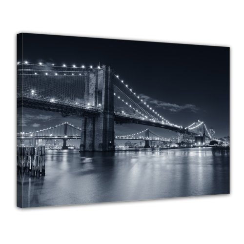 Wandbild - New York Bridge III - Bild auf Leinwand - 80 x 60 cm - Leinwandbilder - Bilder als Leinwanddruck - Städte & Kulturen - USA - Amerika - Brooklyn Bridge schwarz weiß