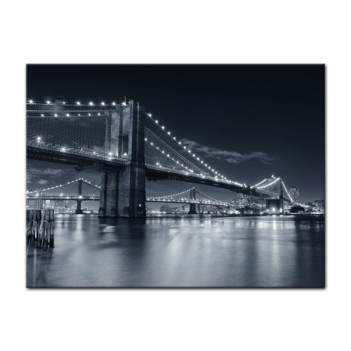 Wandbild - New York Bridge III - Bild auf Leinwand - 80 x 60 cm - Leinwandbilder - Bilder als Leinwanddruck - Städte & Kulturen - USA - Amerika - Brooklyn Bridge schwarz weiß