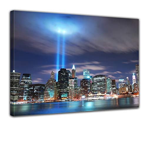 Wandbild - New York City Manhattan at Night - USA - Bild auf Leinwand - 80x60 cm - Leinwandbilder - Städte & Kulturen - Amerika - Skyline - World Trade Center - beleuchtet