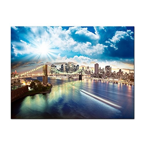 Wandbild - New York - Bild auf Leinwand - 80x60 cm einteilig - Leinwandbilder - Städte & Kulturen - East River und Brooklyn Bridge im Sonnenschein