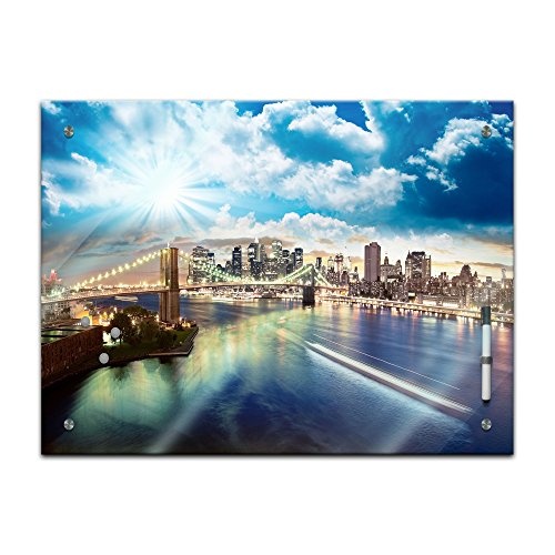 Memoboard 80 x 60 cm, Reisen & Städte - New York City - Memotafel Pinnwand - Big Apple - USA - Tourismus - Urlaub - Travel - City - Küche - Esszimmer - Glasbild - Handmade