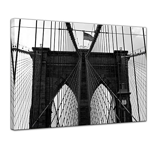 Keilrahmenbild - New York Bridge I - Bild auf Leinwand - 120 x 90 cm 1 teilig - Leinwandbilder - Bilder als Leinwanddruck - Städte & Kulturen - Amerika - Brooklyn Bridge in schwarz weiß