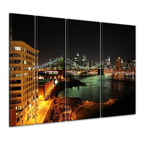 Keilrahmenbild - New York Skyline bei Nacht - Bild auf Leinwand - 180 x 120 cm 4tlg - Leinwandbilder - Bilder als Leinwanddruck - Städte & Kulturen - Amerika - USA - Stadtansicht New Yorks