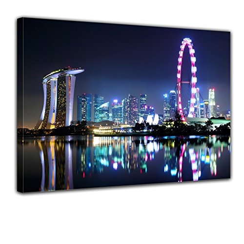 Wandbild - Singapur bei Nacht - Bild auf Leinwand - 80x60 cm 1 teilig - Leinwandbilder - Städte & Kulturen - Asien - Skyline - Hotel Marina Bay Sands - Singapore Flyer - Riesenrad