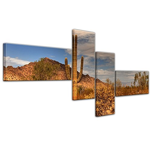 Wandbild - Wüste Kaktus - Bild auf Leinwand 200 x 90 cm 4tlg - Leinwandbilder - Bilder als Leinwanddruck - Landschaften - Sonne - Natur - Kaktus in der Prärie