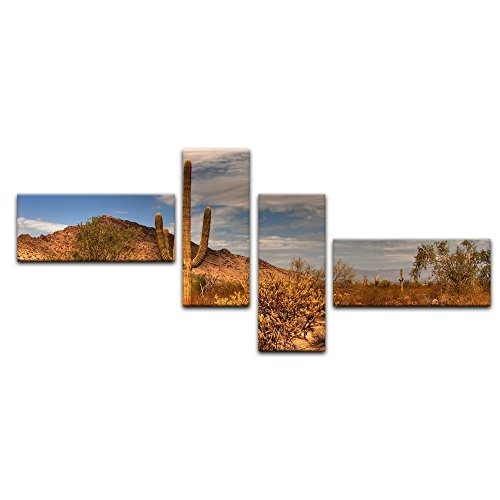 Wandbild - Wüste Kaktus - Bild auf Leinwand 200 x 90 cm 4tlg - Leinwandbilder - Bilder als Leinwanddruck - Landschaften - Sonne - Natur - Kaktus in der Prärie