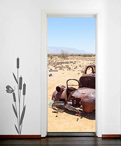 Bilderdepot24 Türtapete selbstklebend Auto in der Wüste 90 x 200 cm - einteilig Türaufkleber Türfolie Türposter - Afrika Sand Düne Autowrack Nationalpark Natur Landschaft Namib