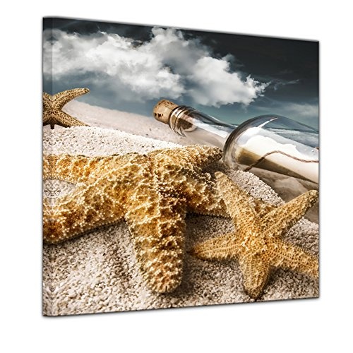 Wandbild Flaschenpost mit Seesternen - 40x40 cm Leinwandbilder Bilder als Leinwanddruck Fotoleinwand Landschaften Küste - maritim - Flasche am Strand