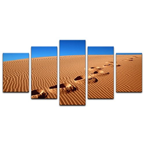 Wandbild - Wüste - Bild auf Leinwand 100 x 50 cm 5tlg - Leinwandbilder - Bilder als Leinwanddruck - Landschaften - Sahara - Sanddüne - Fussspuren im Sand
