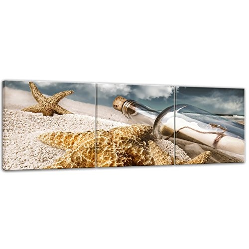 Wandbild Flaschenpost mit Seesternen - 90x30 cm Leinwandbilder Bilder als Leinwanddruck Fotoleinwand Landschaften Küste - maritim - Flasche am Strand