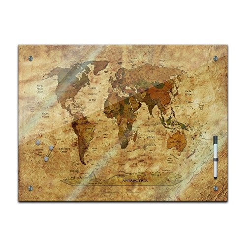 Memoboard 80 x 60 cm, Interieur - Weltkarte Retro II - Memotafel Pinnwand - Welt - Landkarte - Kontinente - Land - Ozean - World Map - Karte - Geographie - Globus - Schlafzimmer - Küche - Glasbild