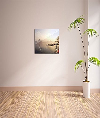 Bilderdepot24 Memoboard 40 x 40 cm, Landschaft - Steg im Nebel - Pinnwand - Landschaftsmotiv - Natur - See - Wasser - Ufer - Bäume - Ausblick - Küche - Glasbild - Handmade -