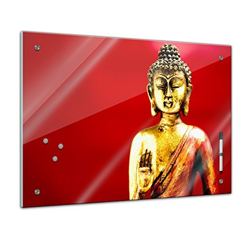 Memoboard - 80 x 60 cm, Geist & Seele - Buddha - Gold - Memotafel Pinnwand - Ruhe - Kraft - Relaxen - Spa - Entspannen - Glasbild - Handmade - Buddhabild - Buddhamotiv - Buddhismus