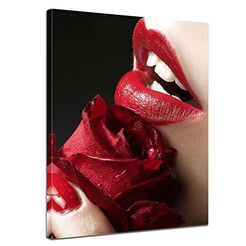 Wandbild - Smell and Beauty - Bild auf Leinwand - 50 x 60 cm - Leinwandbilder - Bilder als Leinwanddruck - Akt & Erotik - Rose und roter Mund