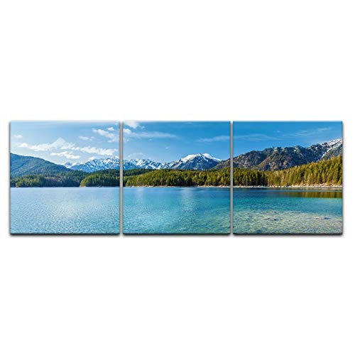 Wandbild Eibsee und Zugspitze - Bild auf Leinwand - 120x40 cm Leinwandbilder Landschaften Berg See Alpen Gipfel