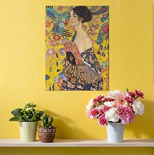 Wandbild Gustav Klimt Dame mit Fächer - 50x60cm hochkant - Alte Meister Berühmte Gemälde Leinwandbild Kunstdruck Bild auf Leinwand