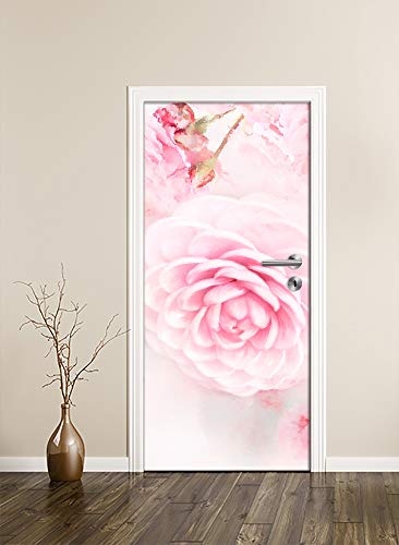 Türtapete selbstklebend rosa Rosen 90 x 200 cm - einteilig Türaufkleber Türfolie Türposter - Wasserfarbe Aquarell Pflanze Blume Blüte Dornen Liebe Duft Garten Blatt