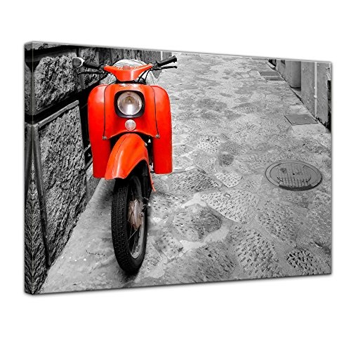 Wandbild - Retro Roller - Bild auf Leinwand 80 x 60 cm - Leinwandbilder - Bilder als Leinwanddruck - Motorisiert - schwarz weiß - roter Motorroller
