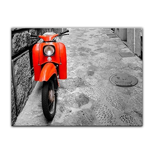 Wandbild - Retro Roller - Bild auf Leinwand 80 x 60 cm - Leinwandbilder - Bilder als Leinwanddruck - Motorisiert - schwarz weiß - roter Motorroller