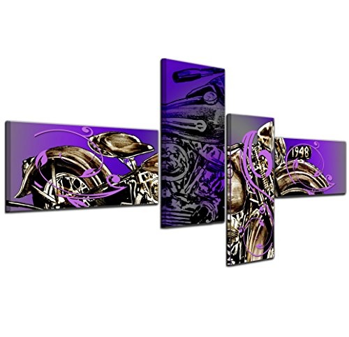 Wandbild - Abstrakte Kunst Motorrad 04 - violett - Bild auf Leinwand - 140x65cm - 4teilig - Leinwandbilder - Urban & Graphic - motorisiert - Harley Davidson - Amerika - Bike