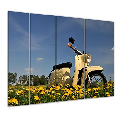 Keilrahmenbild - Vespa - Schwalbe - Bild auf Leinwand 180 x 120 cm 4tlg - Leinwandbilder - Bilder als Leinwanddruck - Motorisiert - Moped - Motorroller auf Einer Wiese