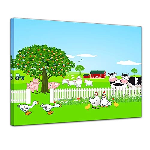 Wandbild Kinderbild Bauernhof II - 50 x 40 cm Bilder als Leinwanddruck Fotoleinwand Kinder Cartoon - Tiere auf der Wiese
