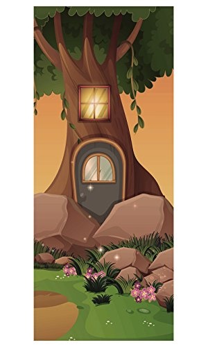 Türtapete selbstklebend Baumhaus 90 x 200 cm Vintage - einteilig Türaufkleber Türfolie Türposter - Kinderzimmer Kinderbild Cartoon Junge Mädchen Fantasiewelt Baum Kind