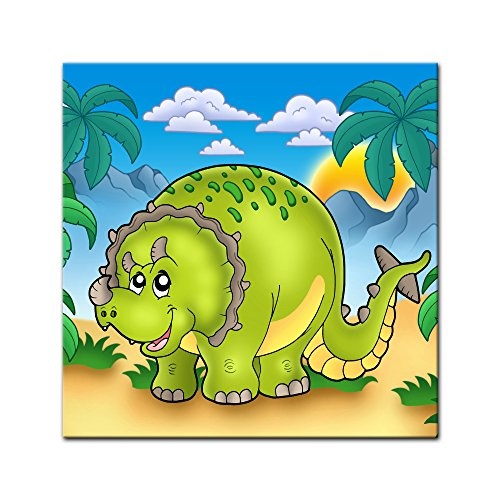 Wandbild - Dino Kinderbild - Triceratops - Bild auf Leinwand - 40x40 cm - Leinwandbilder - Kinder - Dinosaurier - Urwald - Vulkan