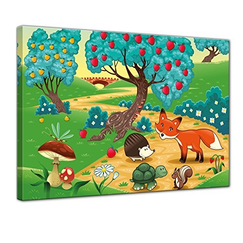 Wandbild - Kinderbild Tiere im Wald - Bild auf Leinwand - 80x60 cm einteilig - Leinwandbilder - Kinder - farbenfrohe Waldidylle mit Tieren