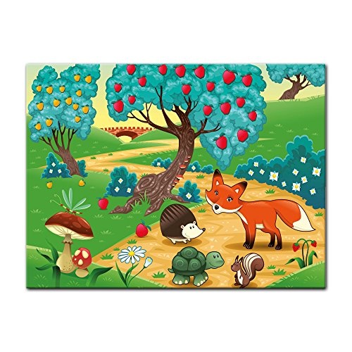 Wandbild - Kinderbild Tiere im Wald - Bild auf Leinwand - 80x60 cm einteilig - Leinwandbilder - Kinder - farbenfrohe Waldidylle mit Tieren