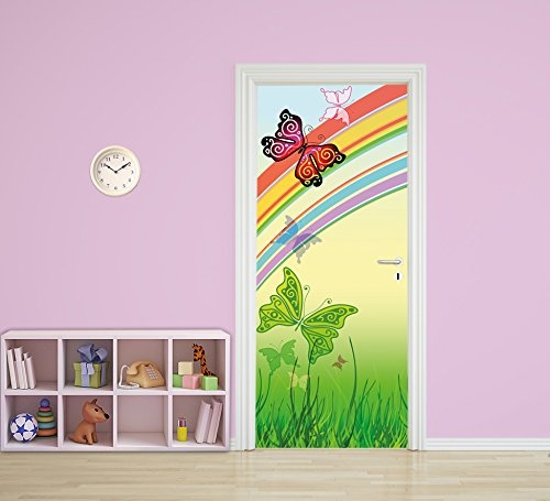 Türtapete selbstklebend Schmetterlinge 90 x 200 cm - einteilig Türaufkleber Türfolie Türposter - Kinderzimmer Kinderbild Cartoon Junge Mädchen Regenbogen Wiese Kind