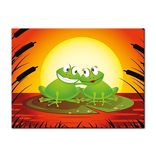 Wandbild - Kinderbild Verliebter Frosch Cartoon - Bild auf Leinwand - 60x50 cm - Leinwandbilder - Kinder - Liebe - Romantik - Teich im Sonnenuntergang