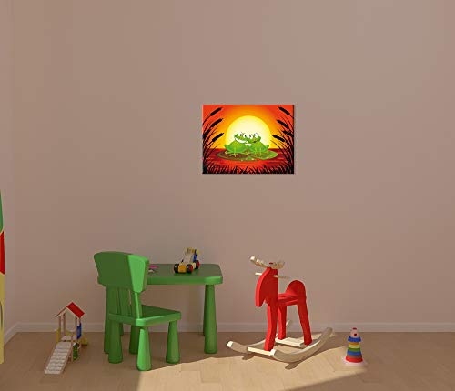 Wandbild - Kinderbild Verliebter Frosch Cartoon - Bild auf Leinwand - 60x50 cm - Leinwandbilder - Kinder - Liebe - Romantik - Teich im Sonnenuntergang